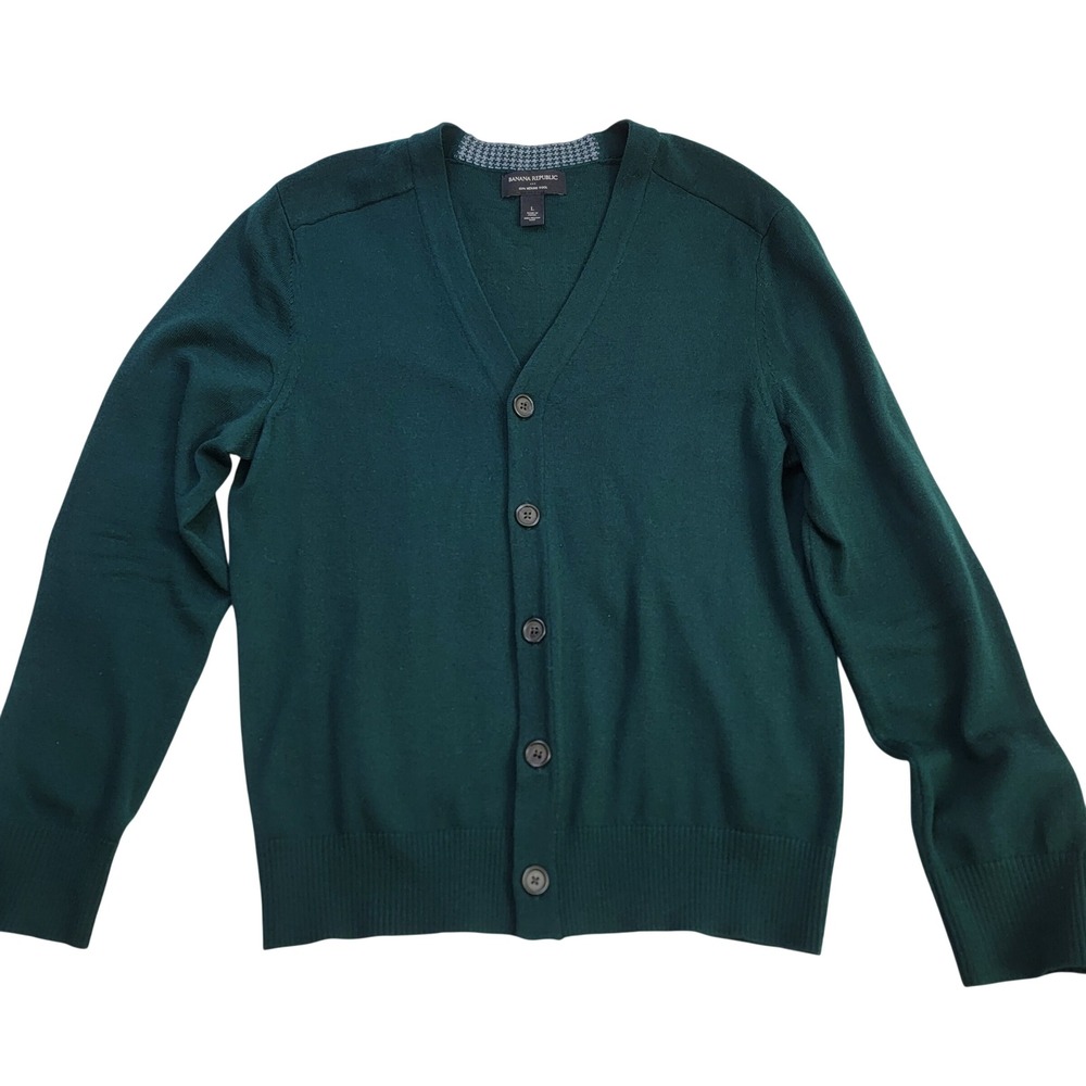 Banana Republic‎ Mens Merino Wool Cardigan Green Houndstooth Elbow Patches Large